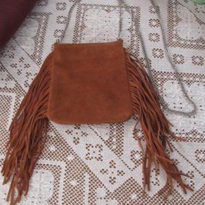 BOHO Brown Suede Leather Fringe Crossbody Purse Long Silver Chain Leather Bag